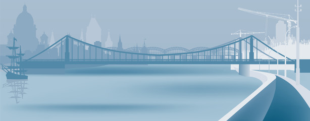 blue landscape with river in large city