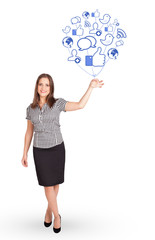 Fototapeta premium Happy lady holding social icon balloon