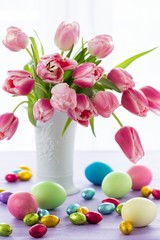 Easter eggs and tulips