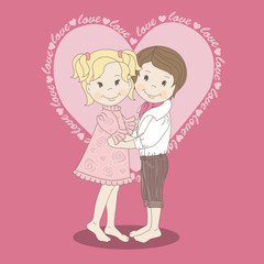 Postcard with a loving couple teens. Vector illustration