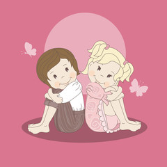 Postcard with a loving couple teens. Vector illustration