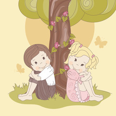 Couple  teens under tree . Vector illustration.