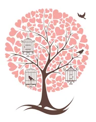 Cercles muraux Oiseaux en cages Arbre avec des oiseaux et des coeurs