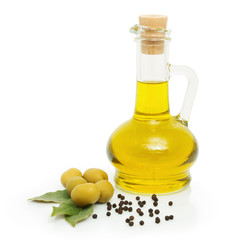 green olives and a bottle of olive oil