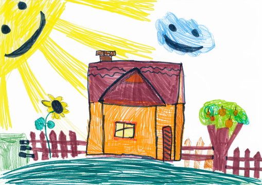 Rural house and smiling sun. child's drawing.