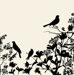 Floral Silhouettes Background Corner with Birds
