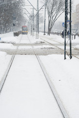 Approaching Tram in Heavy Snow.