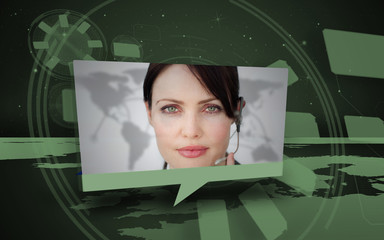 Digital speech box showing woman in headset
