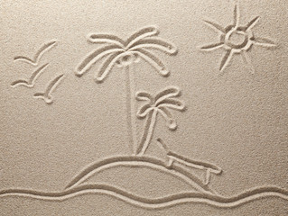 The island with palm trees in the sea is drawn on sand