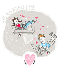Vector Valentine Card with chatting Modern couple - 49283063