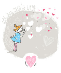 Vector Valentine Card with girl and bubble blower