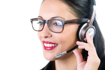 Beautiful young call-centre assistant smiling 