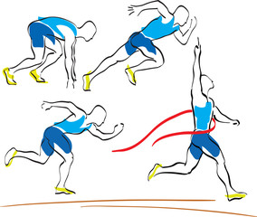 Set of running man crossing the finishing line
