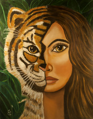 woman half tiger face oil painting by the artist Gloria Gill