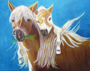 oil painting with a horse and a pony at the shoulders - 49291296