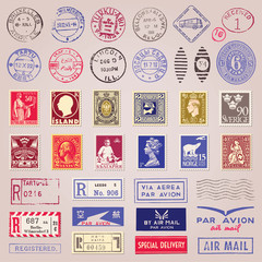 Vintage Postage Stamps, Marks, Stickers Vector Set - obrazy, fototapety, plakaty
