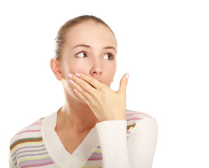 Fototapeta premium A young emotional girl, isolated on white, closeup