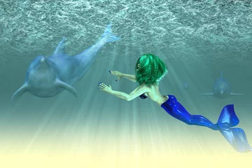 Fotobehang Zeemeermin Zeemeermin meisje met dolfijnen