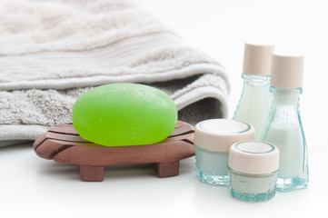 Spa Package with aloe vera soap, towel and lotion bottles