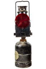Old traffic warning light isolated on white