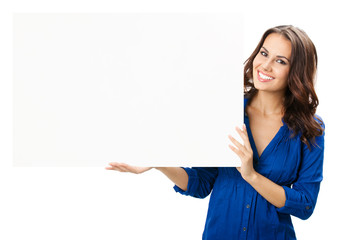 Young woman with blank signboard, on white