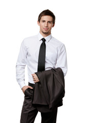 Manager keeps his jacket on one hand