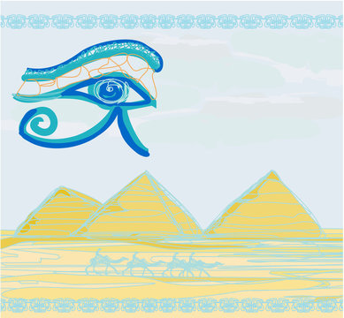 Egypt symbols and Pyramids - Traditional Horus Eye symbol and ca