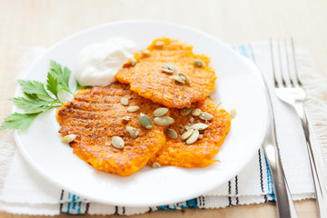 pumpkin pancakes on a white plate