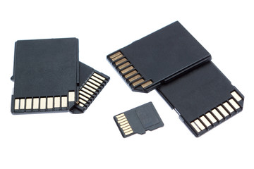 Group of different memory card storage. On a white background.