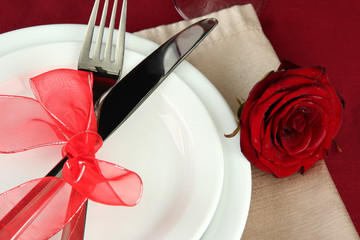 Table setting in honor of Valentine's Day close-up