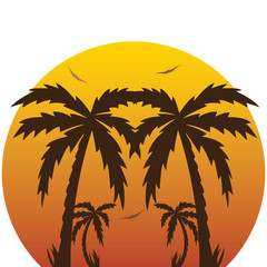 Vector illustration of a tropical sunset and palm trees.