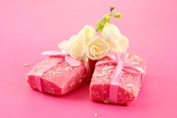 Natural handmade soap, on pink background
