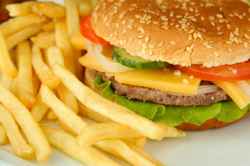 Tasty cheeseburger with fried potatoes, close up