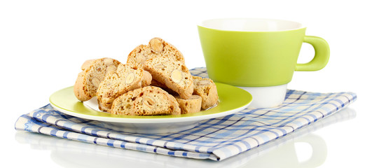 Aromatic cookies cantuccini and cup of coffee isolated on white