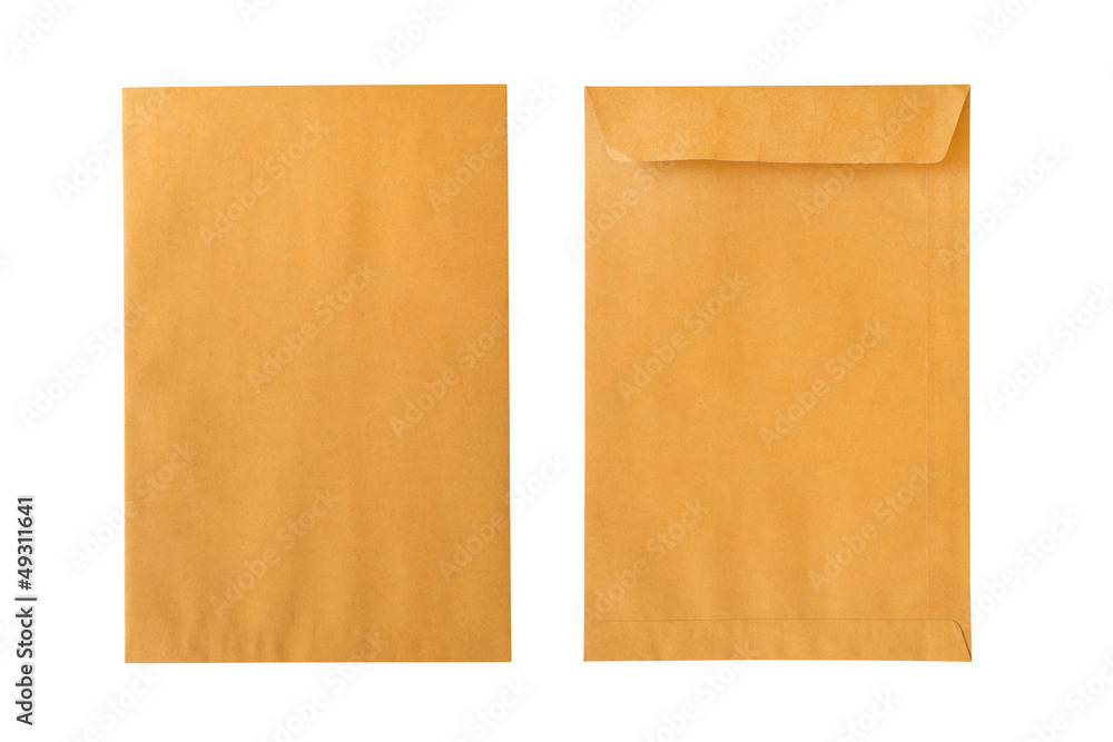 Wall mural Brown envelope front and back isolated on white background