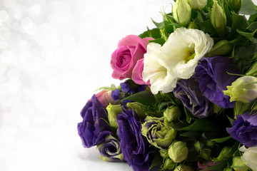 Bouquet of blue,white and pink flowers.