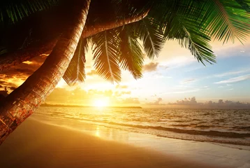Papier Peint photo Plage et mer lever de soleil sur la plage des Caraïbes