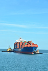 Container stack on freight ship in Black sea, Odessa, ukraine