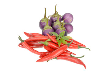 Red chili peppers and Eggplant isolated on the white