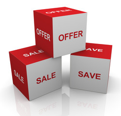 3d sale, offer and save words cubes