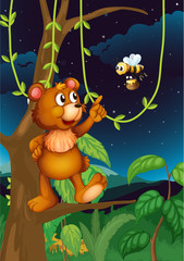 A bear on a tree and a flying bee