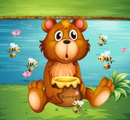 Poster Een beer en bijen in de buurt van de rivier © GraphicsRF
