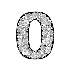 Hand drawn floral alphabet design. Digit 0