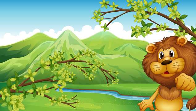 A lion in a mountain scenery