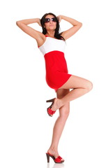 Fototapeta na wymiar Happy surprised woman in red dress Isolated on