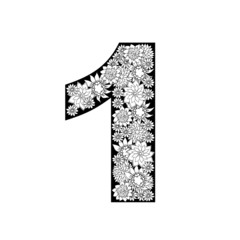 Hand drawn floral alphabet design. Digit 1