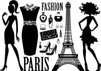 Photo sur Plexiglas Illustration Paris Ensemble à la mode avec des silhouettes de femmes