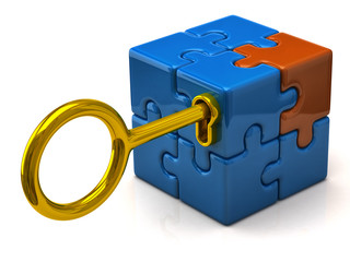 Security concept. Puzzle cube and golden key.