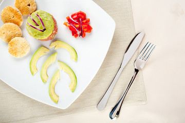 delicious bruschetta bread, salad ornated with onion rings and t