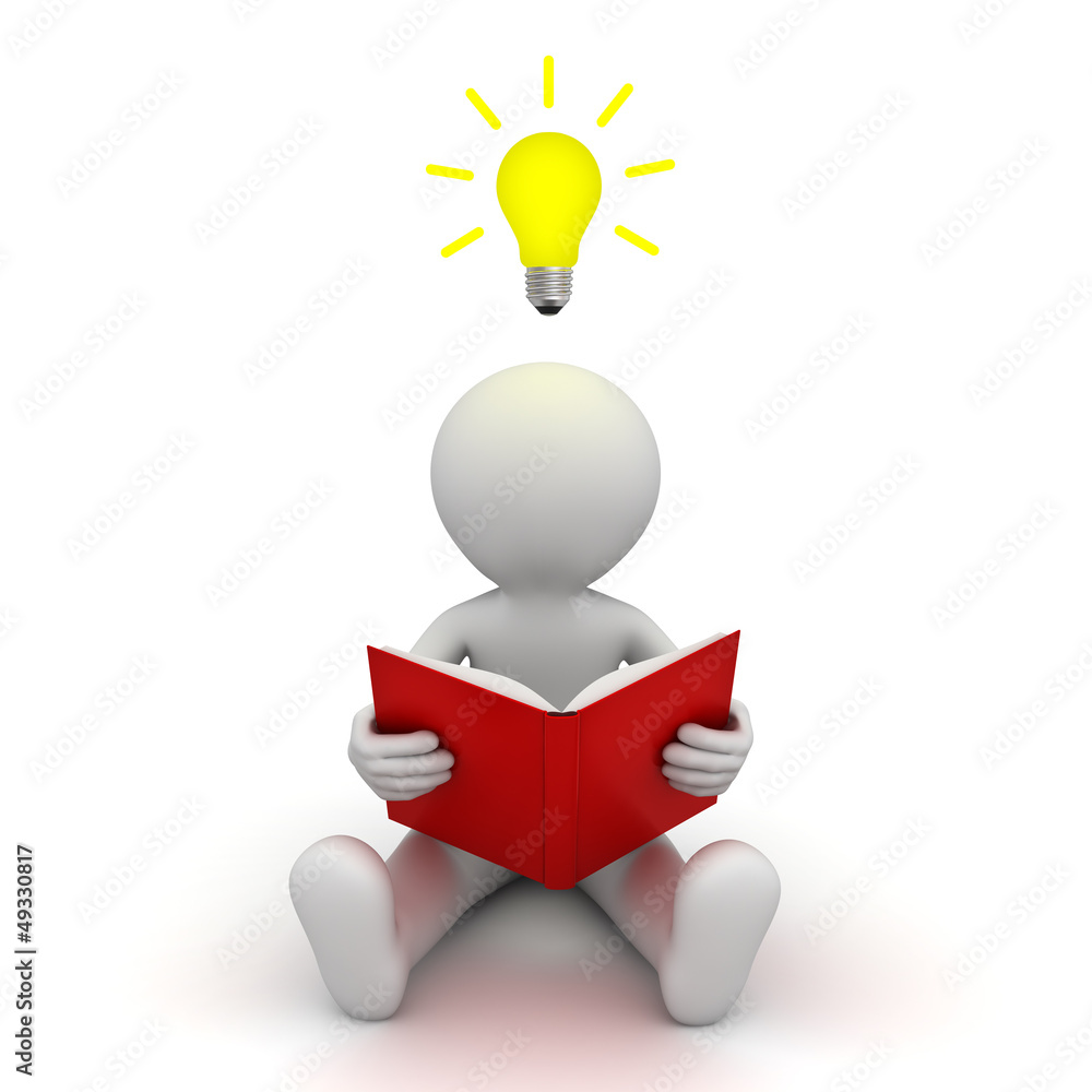 Aufkleber 3d man sitting on the floor and reading a book with idea bulb
